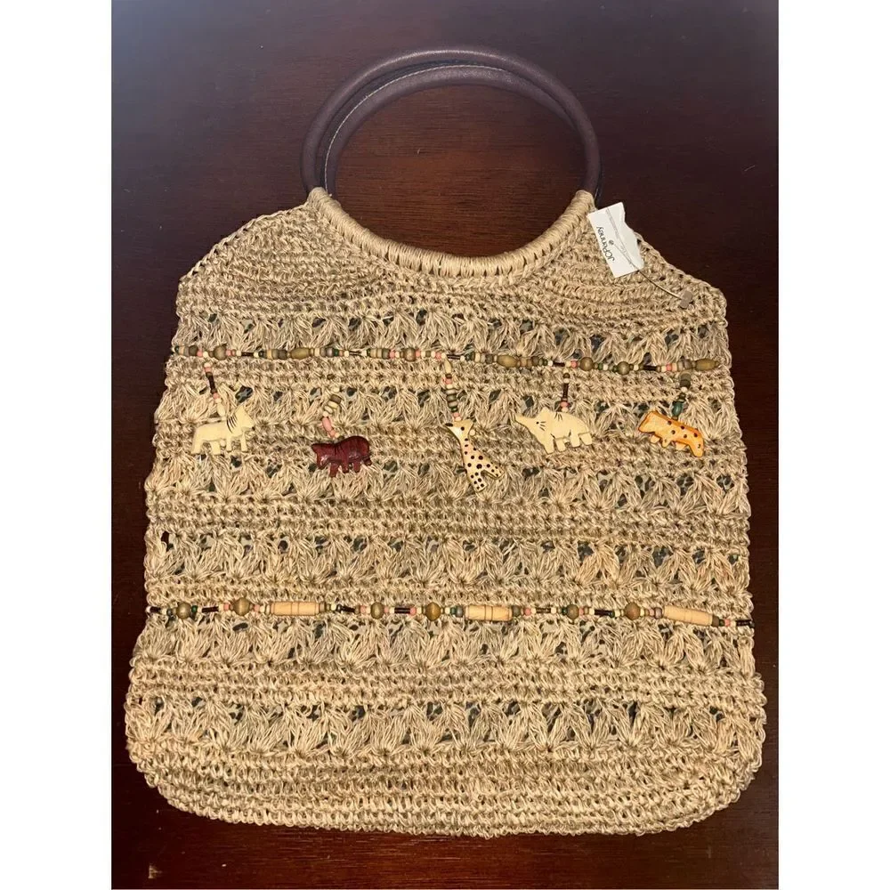 NWT St. John’s bay straw Rafia bag with wooden handles and animals